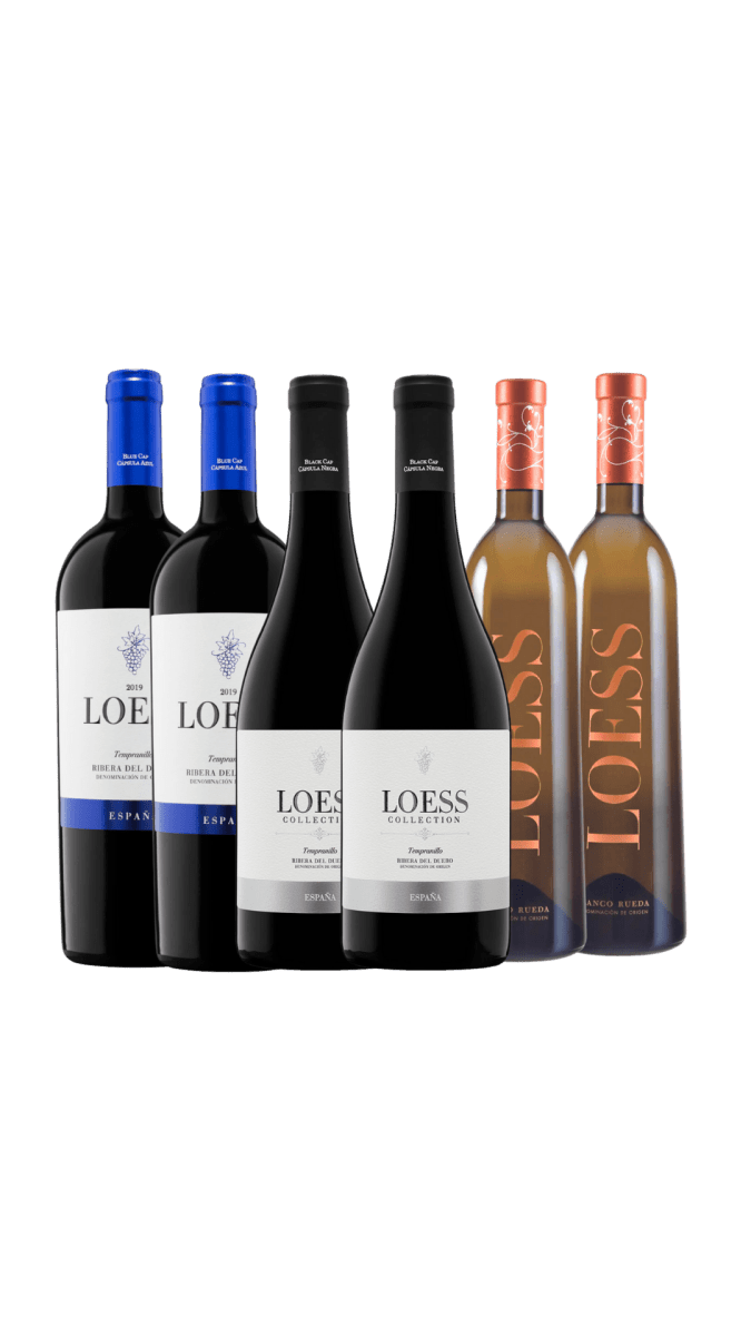 Mix Doos Loess (2x koper, 2x blauw, 2x zwart) - Loess Wijnen - spaanse_wijn - Verdejo witte wijn uit Rueda, exclusieve Spaanse kwaliteitswijn - Ribera del Duero rode wijn, gemaakt van Tempranillo druiven - Spaanse wijnen exclusief