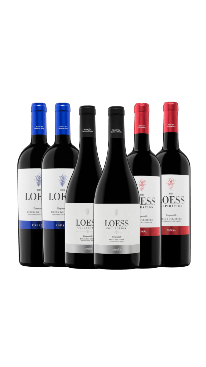 Mix Doos Rode Wijn Loess (2x Inspiration, 2x Blauw, 2x Zwart) - Loess Wijnen - spaanse_wijn - Verdejo witte wijn uit Rueda, exclusieve Spaanse kwaliteitswijn - Ribera del Duero rode wijn, gemaakt van Tempranillo druiven - Spaanse wijnen exclusief