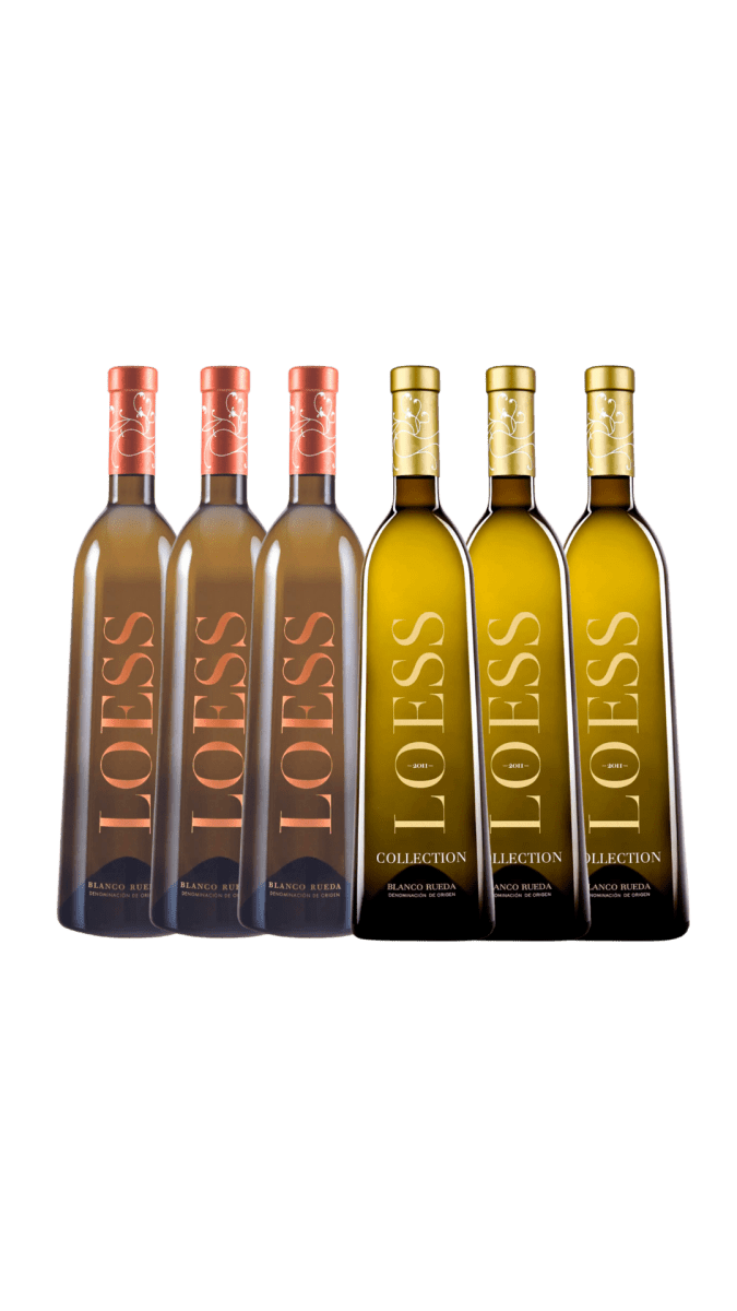 Mix Doos Witte Wijn Loess (3x Koper, 3x Goud) - Loess Wijnen - spaanse_wijn - Verdejo witte wijn uit Rueda, exclusieve Spaanse kwaliteitswijn - Ribera del Duero rode wijn, gemaakt van Tempranillo druiven - Spaanse wijnen exclusief